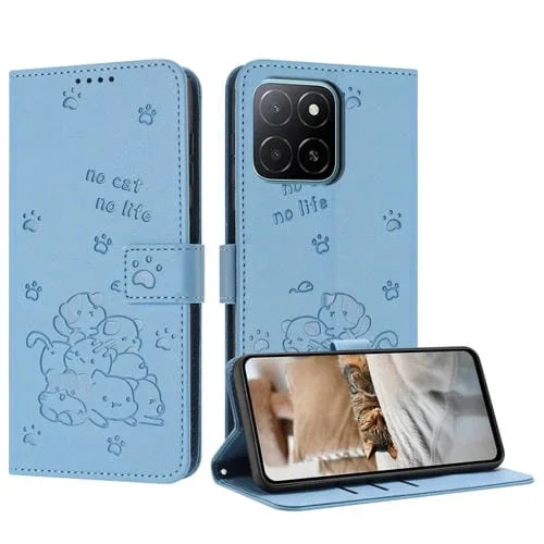 Funda de Piel para Honor X5B y X5B Plus con Diseño de Gatito en Relieve y Cordón (Azul)