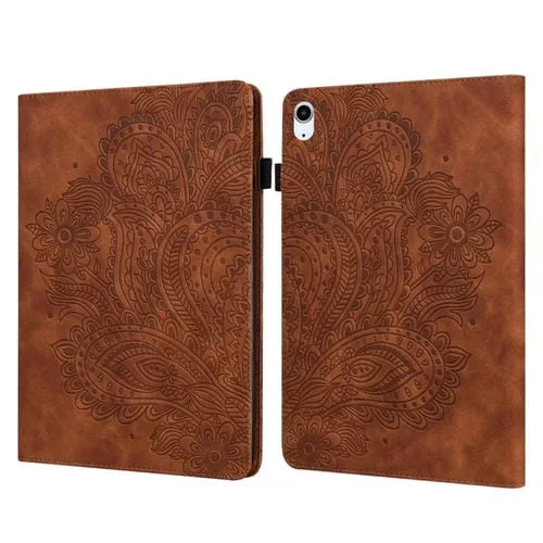 Funda de Piel para iPad 2025/2022 con Estampado de Pavo Real en Relieve (Marrón)