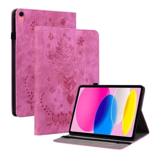 Funda de Piel para iPad 2025/2022 con Relieve de Mariposa y Rosa (Rosa Roja)