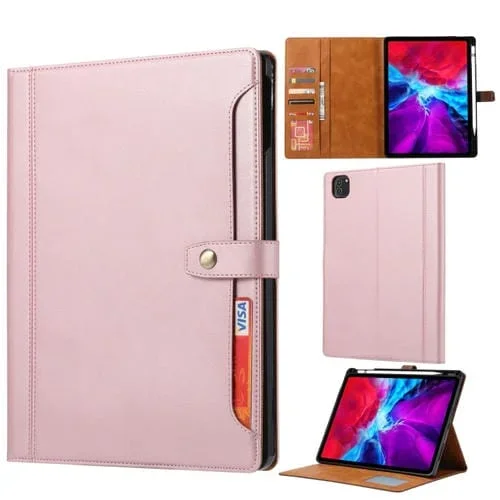 Funda de Piel para iPad Air 13 2024 y iPad Pro 12.9 2022/2021/2020 con Tapa Horizontal, Doble Pliegue, Soporte y Billetera (Oro Rosa)