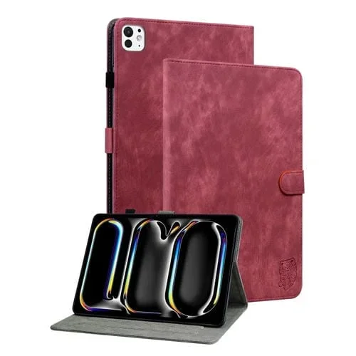 Funda de Piel para iPad Pro 11 (2024) Estampado Tigre En Relieve (Roja)