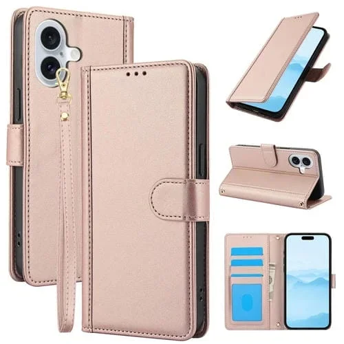 Funda de Piel para iPhone 16 con Ranuras para Tarjetas y Cordón Doble (Oro Rosa)