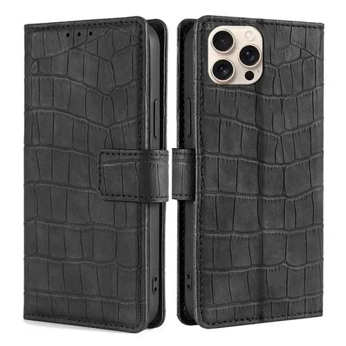 Funda de Piel para iPhone 16 Pro con Cierre Magnético y Diseño de Cocodrilo (Negra)