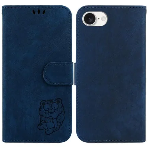 Funda de Piel para iPhone 16E con Relieve de Tigre (Azul Oscuro)