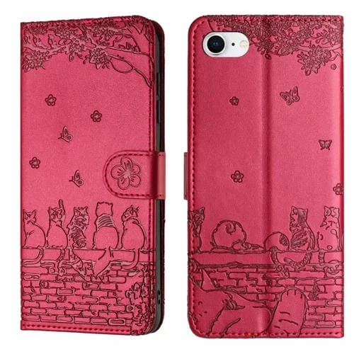 Funda de Piel para iPhone 16E Estampado Gato En Relieve con Cordón (Rojo)