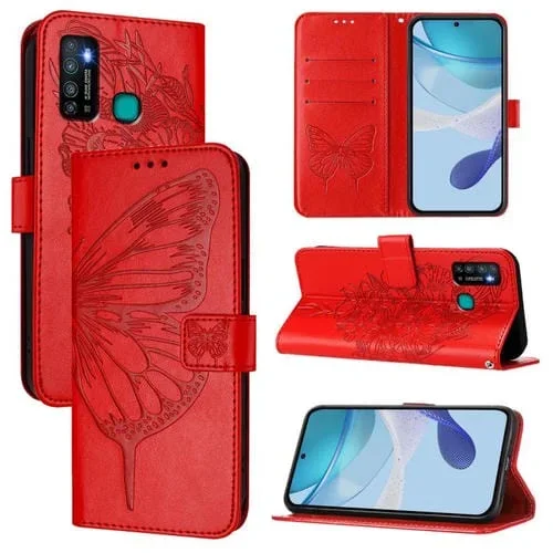 Funda de Piel para Tecno Camon 15 con Diseño de Mariposa en Relieve (Roja)