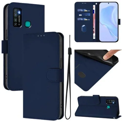 Funda de Piel para Tecno Camon 15 con Textura Lisa y Cordón (Azul Marino)