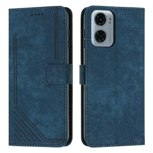 Funda de Piel Sintética con Diseño de Rayas y Cordón para Motorola Moto G05 (Azul)