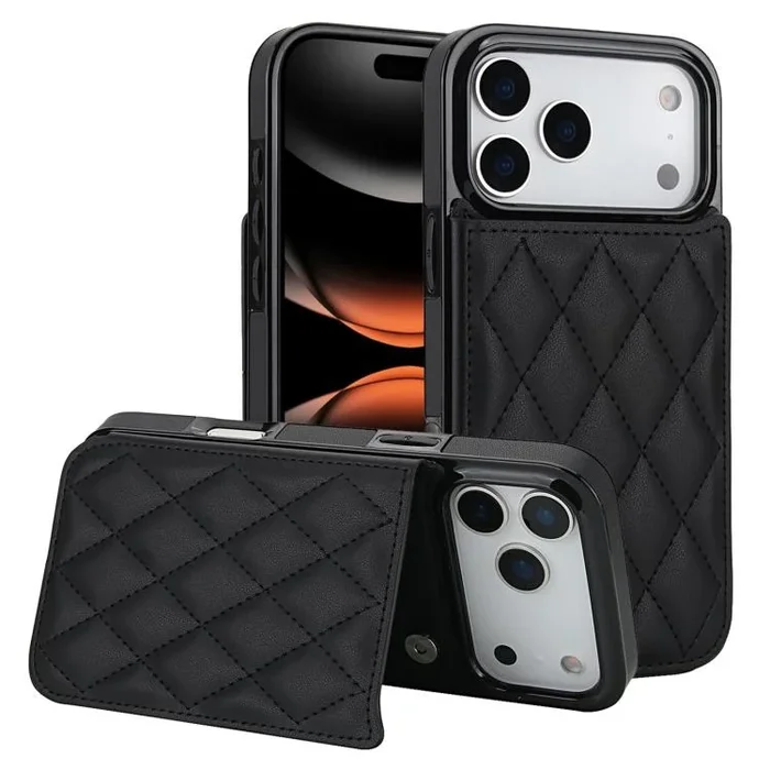 Funda de piel sintética con doble hebilla rómbica para iPhone 17 Pro Max (negra)
