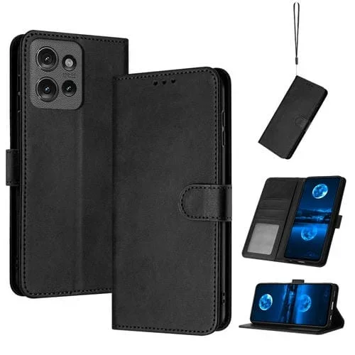 Funda de Piel Sintética con Tapa y Textura de Piel de Becerro para Motorola Edge 50 (Negra)