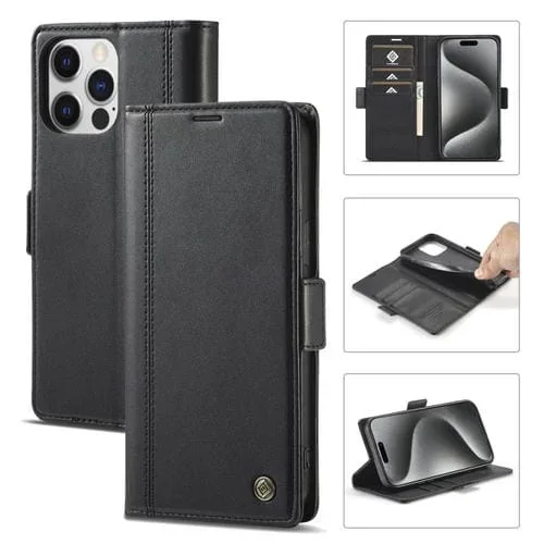 Funda de Piel Sintética Lc.Imeeke para iPhone 16 Pro con Ranuras para Tarjetas (Negra)