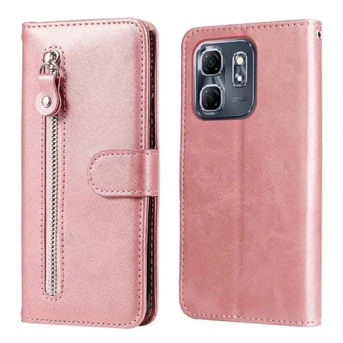 Funda de Piel Textura Becerro con Cremallera para Teléfono Infinix Hot 50I Smart 9 (Oro Rosa)
