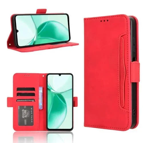 Funda de Piel Textura Becerro con Ranuras para Tarjetas para ZTE Blade A35 (Roja)