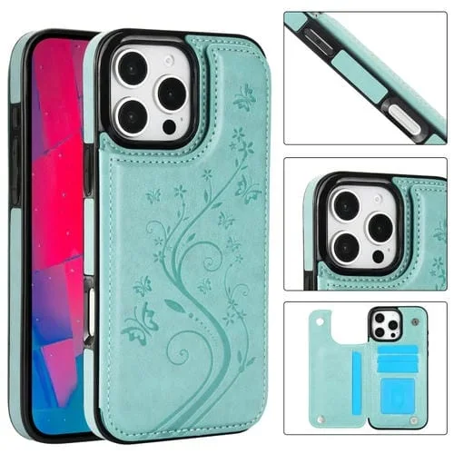 Funda de Pu con Doble Hebilla y Estampado de Mariposas para iPhone 16 Pro Max (Verde)