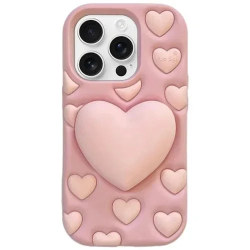 Funda de silicona con diseño de corazón 3D para iPhone 14 Pro (rosa)