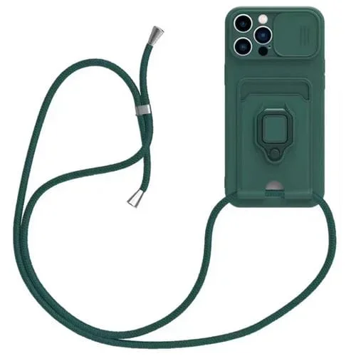 Funda de Silicona iPhone 13 Pro Max Sliding Camshield PortaTarjetas Magnético con Cordón (Verde Oscuro)