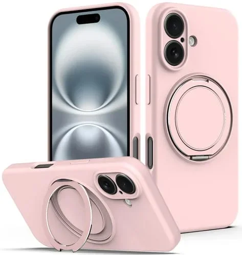 Funda de Silicona Líquida Magsafe para iPhone 16 con Soporte Giratorio (Rosa)