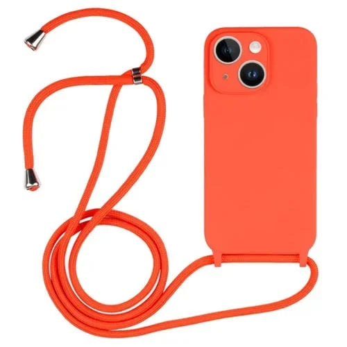 Funda de Silicona Líquida para iPhone 15 Crossbody Lanyard (Naranja)