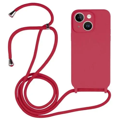 Funda de Silicona Líquida para iPhone 15 Crossbody Lanyard (Rosa Roja)