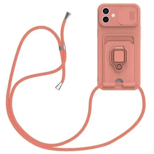 Funda de silicona para iPhone 12 con soporte magnético para tarjeta deslizante Camshield con cordón (Rosa)