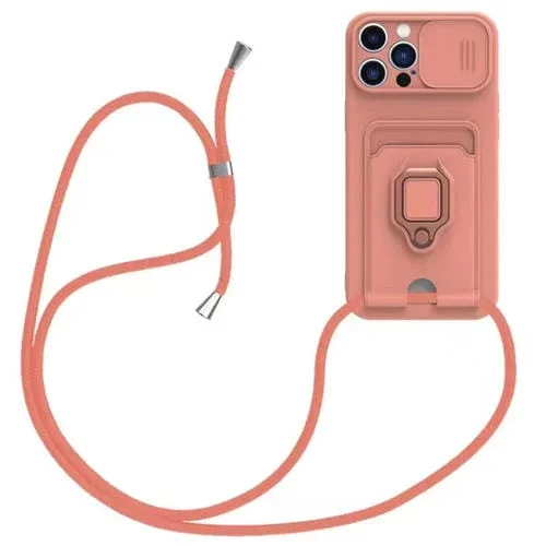 Funda de Silicona para iPhone 12 Pro Sliding Camshield PortaTarjetas Magnético con Cordón (Rosa)
