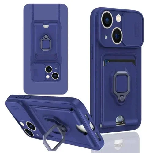 Funda de Silicona para iPhone 14 Plus con Soporte Magnético y Tarjeta Deslizante Camshield (Azul Marino)