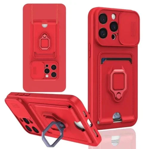 Funda de Silicona para iPhone 14 Pro Max Sliding Camshield con Tarjetero Magnético (Rojo)