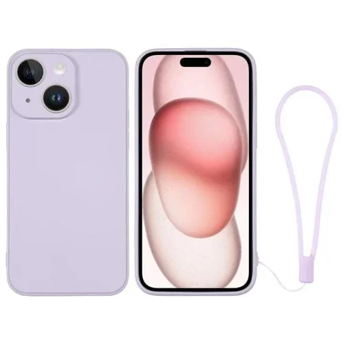 Funda de Silicona para iPhone 15 Plus con Correa para la Muñeca (Púrpura Claro)