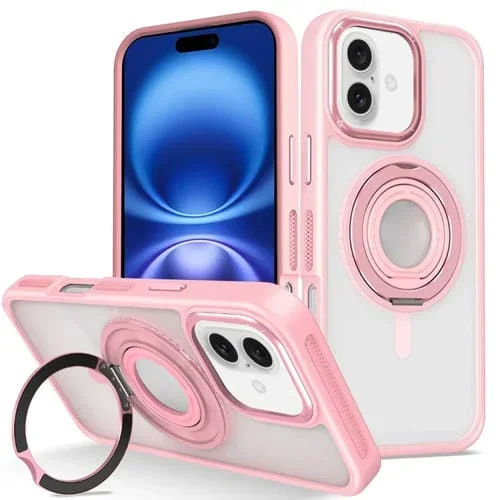 Funda de Silicona para iPhone 16 con Anillo Giratorio de 360 Grados (Rosa)