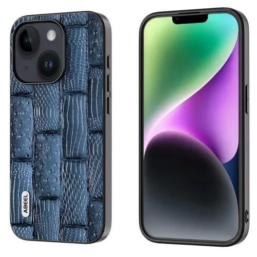 Funda de teléfono Abeel iPhone 15 Plus patrón Mahjong cuero genuino con borde negro (Azul)