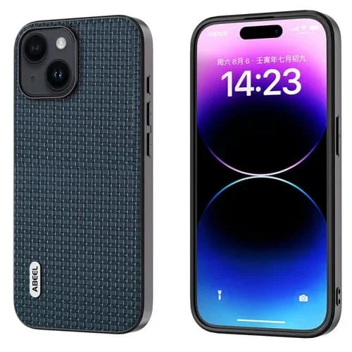Funda de teléfono Abeel para iPhone 14 con borde negro de cuero genuino (Azul Real)