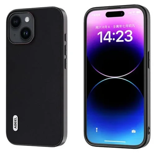 Funda de Teléfono Abeel para iPhone 14 Plus con Borde Negro de Cuero Genuino (Negro)