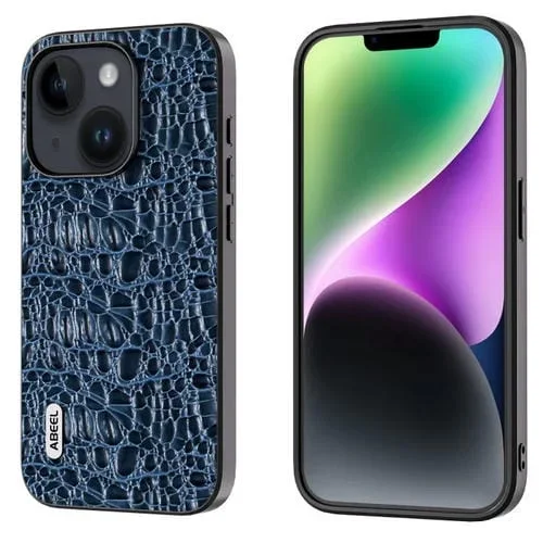 Funda de teléfono Abeel para iPhone 15 Plus con borde negro y dosel de cuero genuino (Azul)