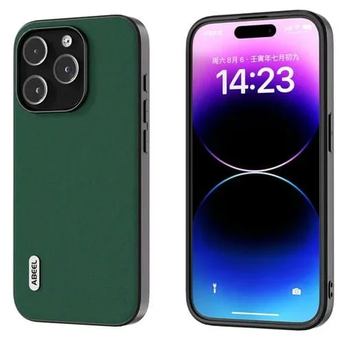 Funda de teléfono Abeel para iPhone 15 Pro Max con borde negro y cuero genuino suave (Verde)