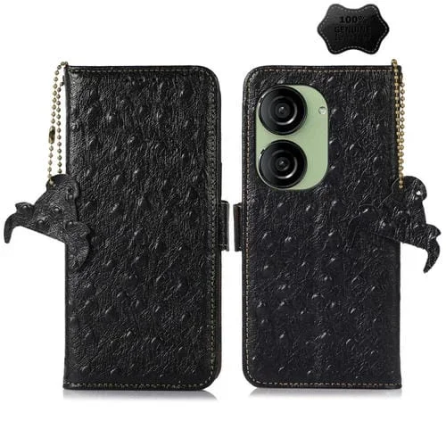 Funda de Teléfono Asus Zenfone 10 y Zenfone 9 Patrón Avestruz Cuero Genuino Rfid (Negro)