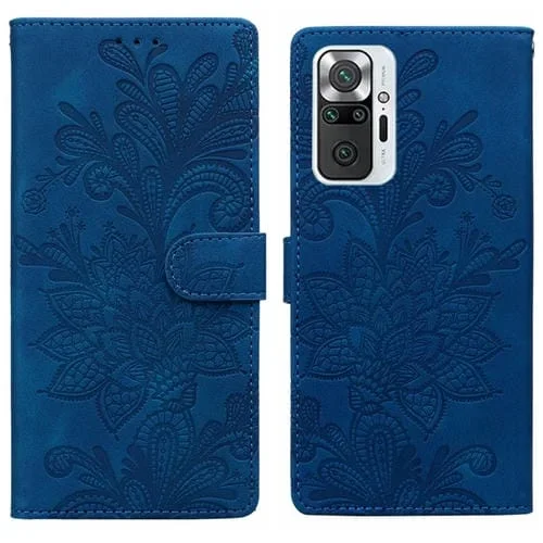 Funda de Teléfono con Hebilla Magnética de Pu con Encaje Floral En Relieve para Redmi Note 10 Pro 4G con Correa para la Muñeca (Azul)