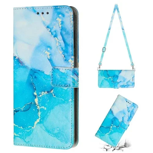 Funda de Teléfono Crossbody Apple iPhone 13 Mini Cuero Patrón Mármol Pintado (Azul Verde)