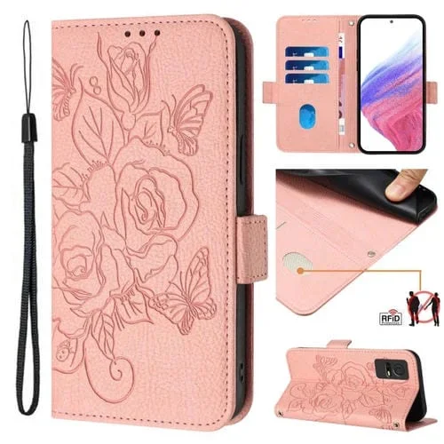 Funda de Teléfono Cuero Antirrobo RFID para TCL 405/406/408 con Rosa en Relieve (Rosa)