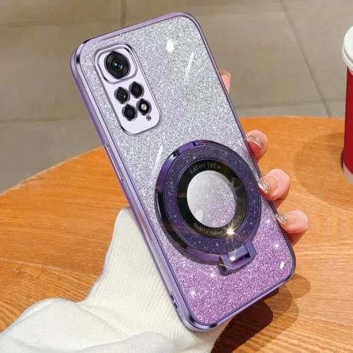 Funda de Teléfono de TPU con Soporte Redondo con Purpurina Degradada Plateada para Redmi Note 11S (Morado)