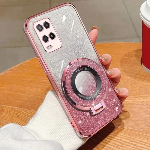 Funda de Teléfono de TPU con Soporte Redondo y Purpurina Degradada Plateada para Oppo A54 (Rosa)