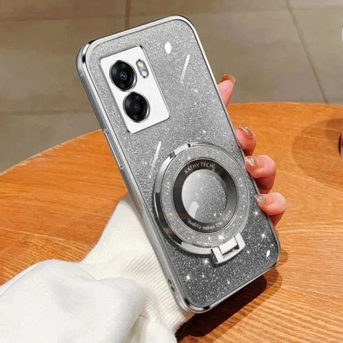 Funda de Teléfono de TPU con Soporte Redondo y Purpurina Degradada Plateada para Oppo A57 5G (Plateada)