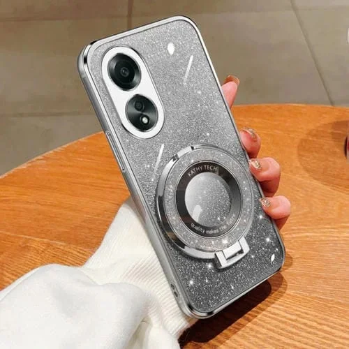 Funda de Teléfono de TPU con Soporte Redondo y Purpurina Degradada Plateada para Oppo A58 4G (Plateada)