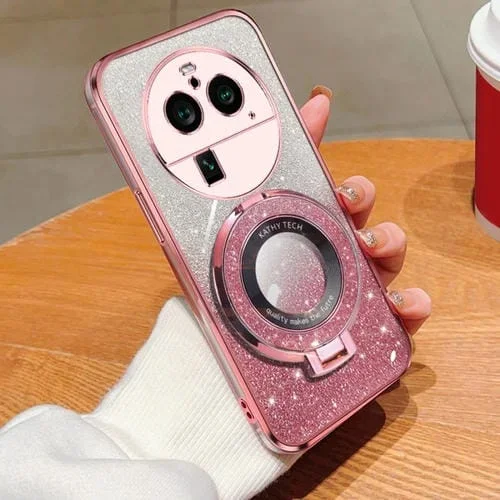 Funda de Teléfono de TPU con Soporte Redondo y Purpurina Degradada Plateada para Oppo Find X6 Pro (Rosa)