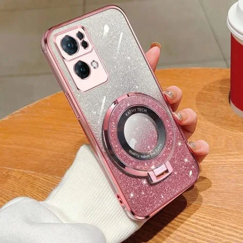 Funda de Teléfono de TPU con Soporte Redondo y Purpurina Degradada Plateada para Oppo Reno7 Pro 5G (Rosa)