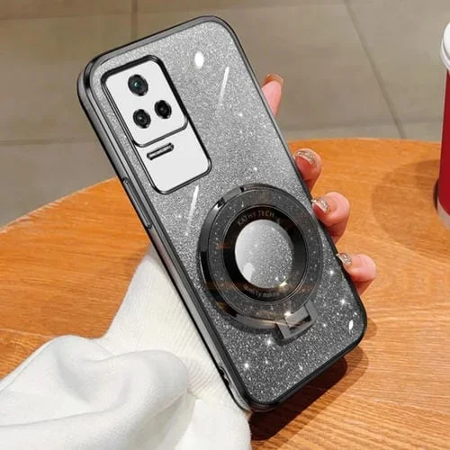 Funda de Teléfono de TPU con Soporte Redondo y Purpurina Degradada Plateada para Redmi K40S (Negro)