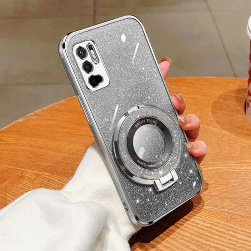 Funda de Teléfono de TPU con Soporte Redondo y Purpurina Degradada Plateada para Redmi Note 10 5G (Plateada)
