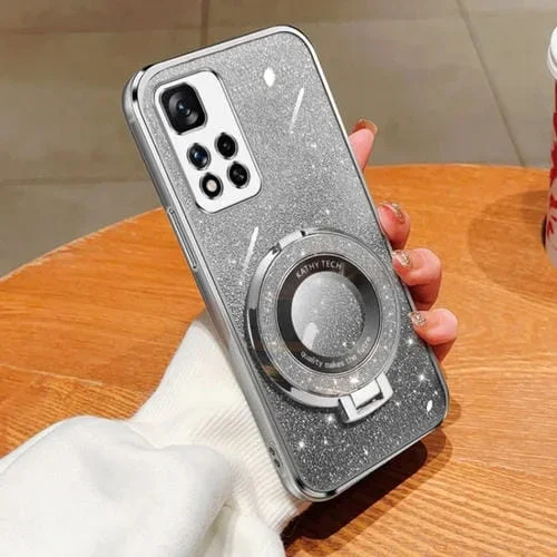 Funda de Teléfono de TPU con Soporte Redondo y Purpurina Degradada Plateada para Redmi Note 11 Pro+ 5G (Plateada)