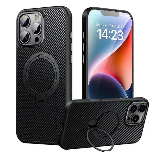 Funda de Teléfono Fibra de Carbono con Soporte Magsafe y Doble Anillo para iPhone 16 Pro Max (Negro)
