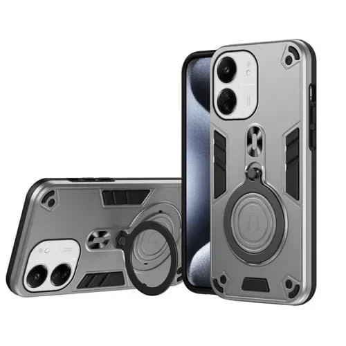 Funda de Teléfono Híbrida de TPU y PC con Soporte Giratorio de 360 Grados y Anillo de Metal para Redmi 13C 4G/5G (Gris Plateado)
