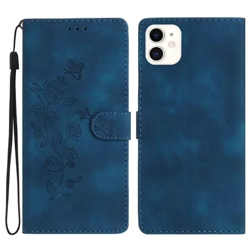 Funda de Teléfono iPhone 11 Cuero Estampado Flores en Relieve (Azul)
